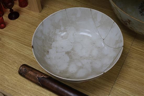 A Chinese Qianlong period famille rose punch bowl and four other Qianlong period porcelain bowls diameter 38.8cm